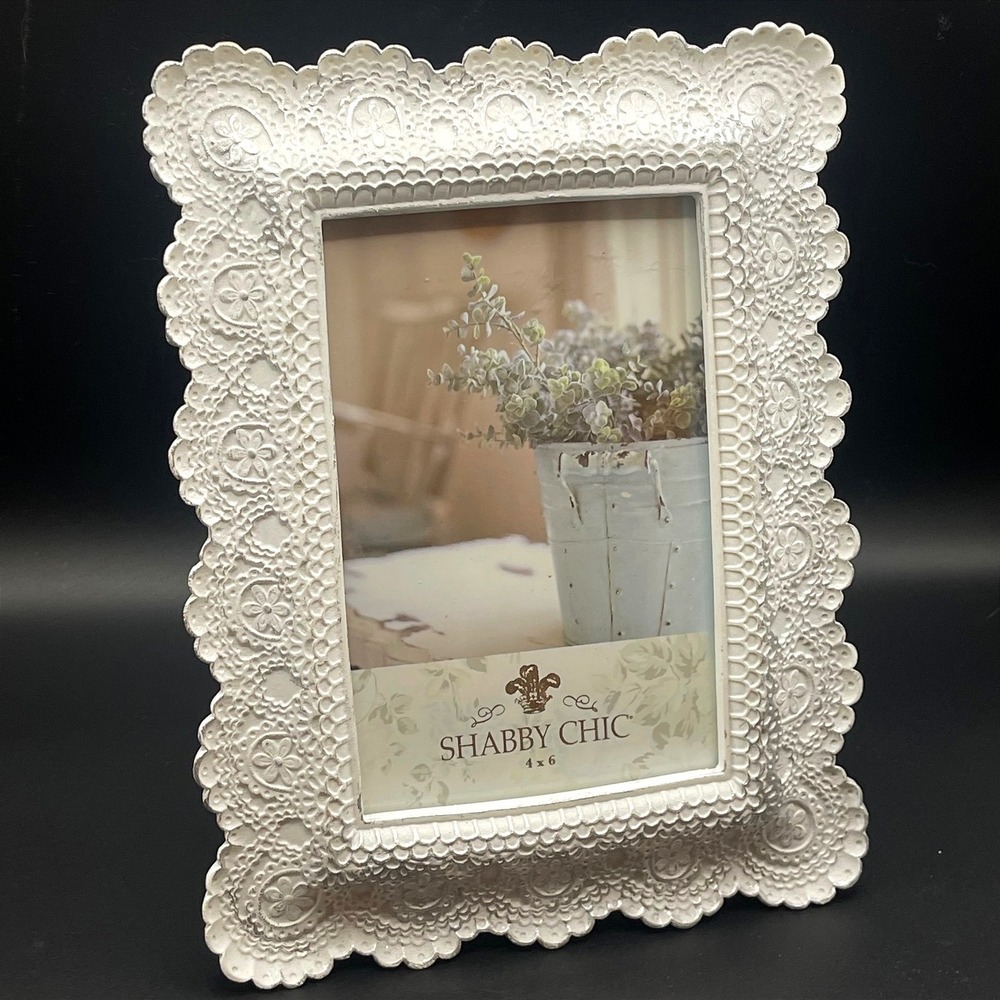 Shabby Chic Picture Frame White Lace Floral Ornate Distressed 4x6 Cottagecore